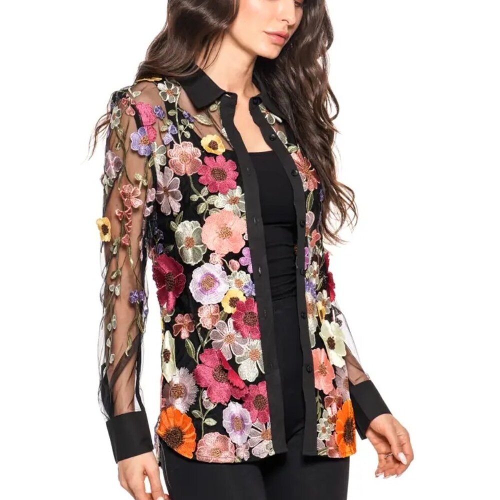Black Button Down Top with Floral Multi Color Embroidery